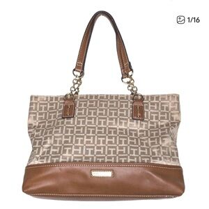 Tommy Hilfiger Beige and Brown Tote with Gold Accents